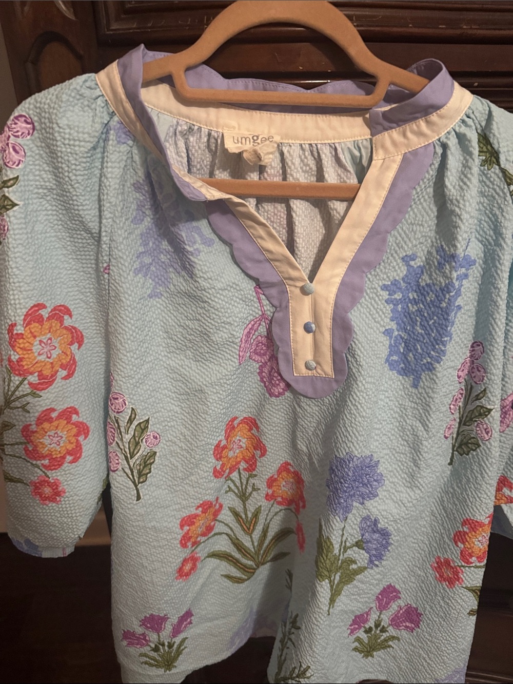 Umgee Light Blue Quilted Floral Pajama Top with Purple and Cream Trim